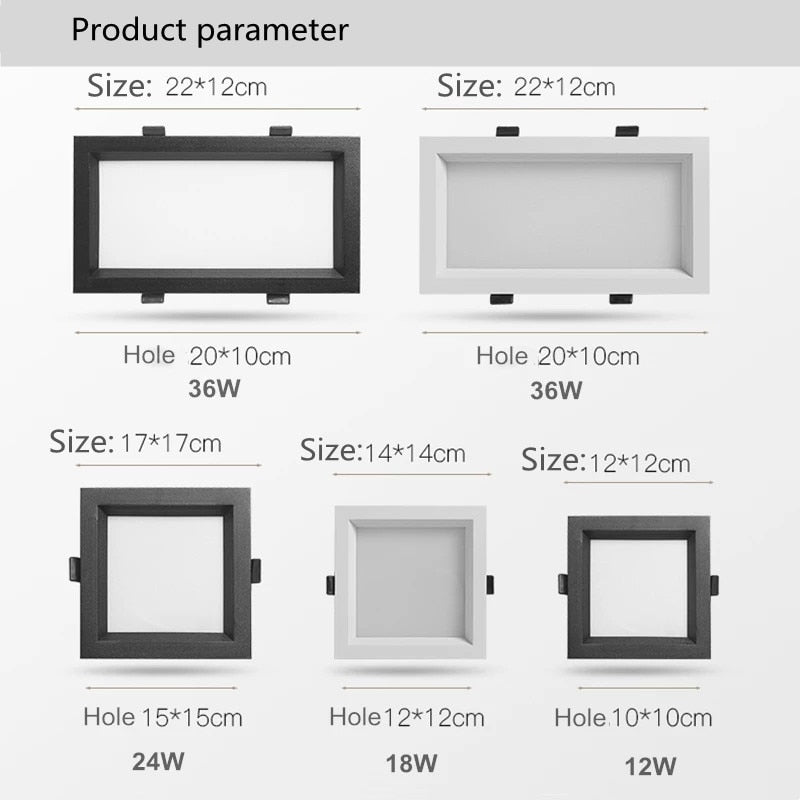 LED panel recessed downlight 12W 18W 24W 36W square LED downlight super bright energy saving AC110V 220V home indoor lighting