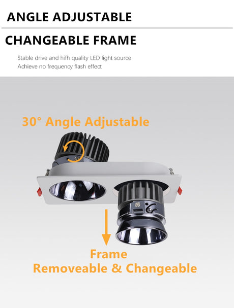 2021 Anti Glare Frame Changeable Recessed Downlight 14W 24W 30W 40W Angle Adjust Ceiling Spot Lamp for Hotel TV Background Aisle