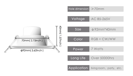 Dimmable LED Spot light 7W round downlight RGB Recessed Ceiling Lamp 220V 110V RGBW Color Changing LED Lighting for Room Bedroom