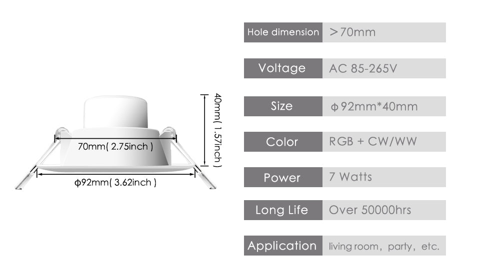 Dimmable LED Spot light 7W round downlight RGB Recessed Ceiling Lamp 220V 110V RGBW Color Changing LED Lighting for Room Bedroom