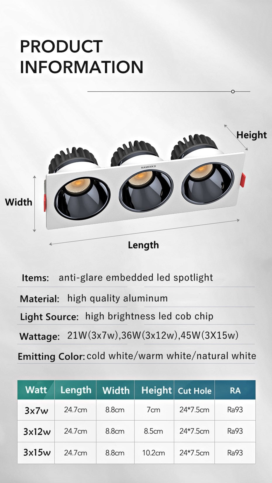 Led Downlight Recessed Dimmable Led Ceiling Light Spot Light Square Anti glare Design 7W 12W 15W For Living Room Bedroom Kitchen