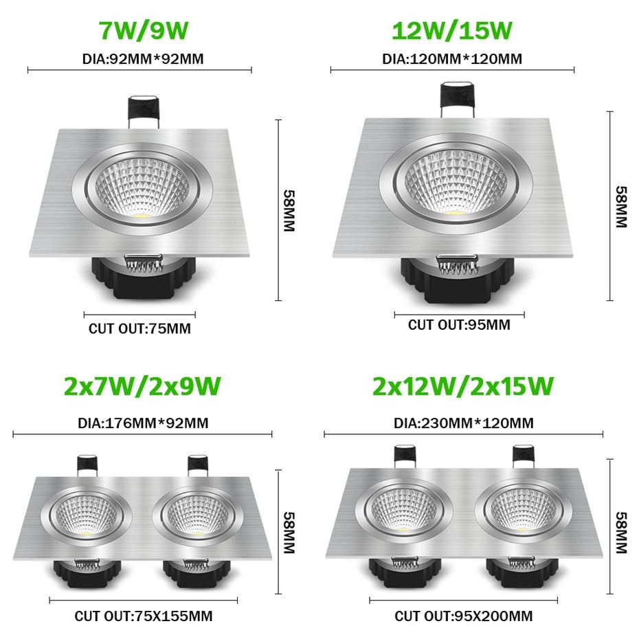 Dimmable Recessed COB LED Downlights 7W/12W/15W Square LED Ceiling Spot Lights AC85~265V Background Spot Lamps Indoor Lighting