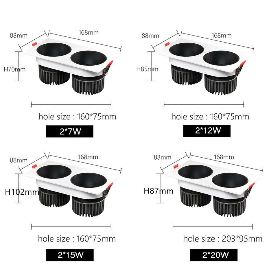 LED Downlights Anti Galre 2 Head Ceiling Spot Light 14W 24W 30W 40W for Kitchen Bedroom Living room AC110V 220V Frame Changeable