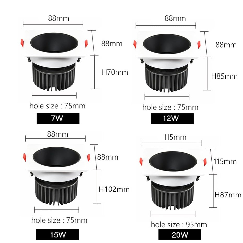 Frame Changeable LED Downlights Anti Galre Square Ceiling Spot Lights 7W 12W 15W 20W for Kitchen Bedroom Living room AC110V 220V