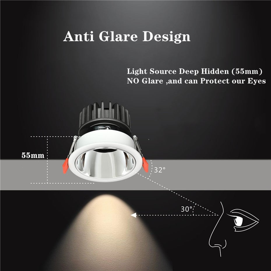 Frame Replaceable Angle Adjust Recessed Downlight 7W 12W 15W 20W Anti Glare Ceiling Spot Lamp for Hotel TV Background Aisle