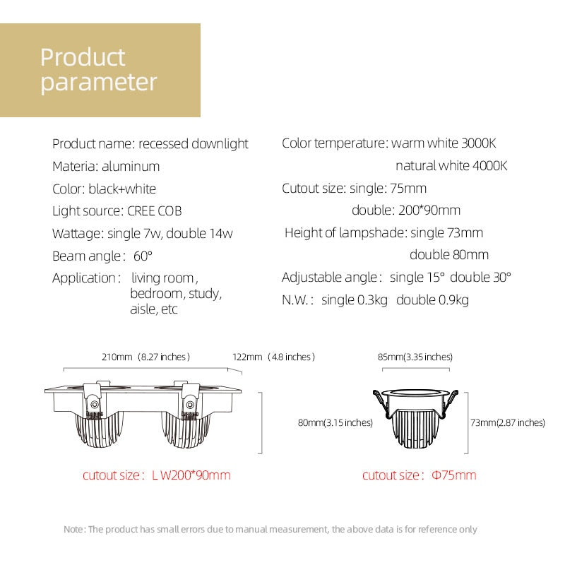 LED Recessed Ceiling Downlight 14W 7W LED Spot lighting Anti-Glare COB Spot light Indoor Lighting