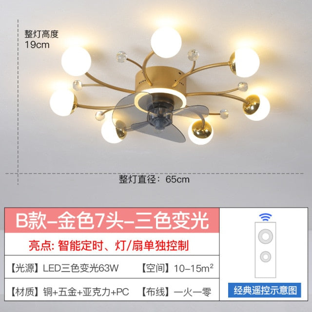 Modern led ceiling fan with lighting application and remote control, dining room, living room, bedroom ceiling lamp