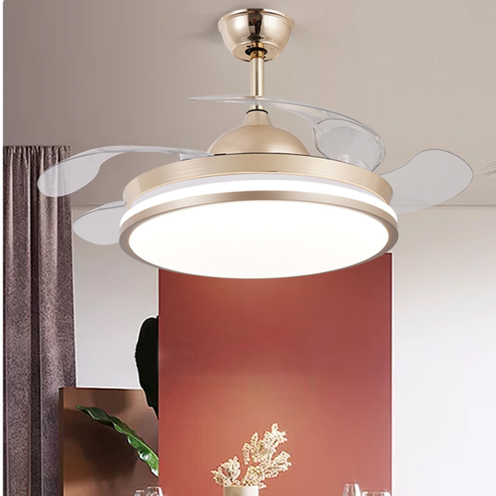 Led ceiling fan lamp with remote control circular DC frequency lamp for bedroom decoration, retractable and reversible