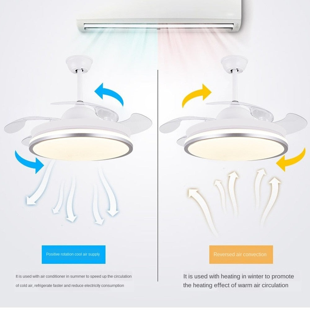 Led ceiling fan lamp with remote control circular DC frequency lamp for bedroom decoration, retractable and reversible