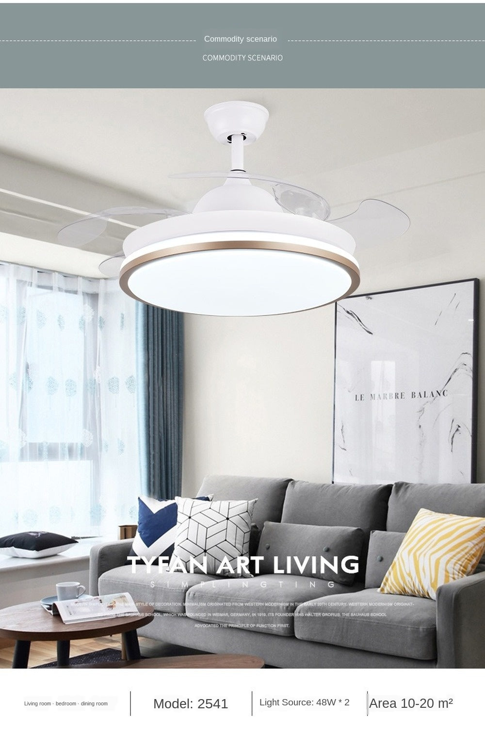 Led ceiling fan lamp with remote control circular DC frequency lamp for bedroom decoration, retractable and reversible
