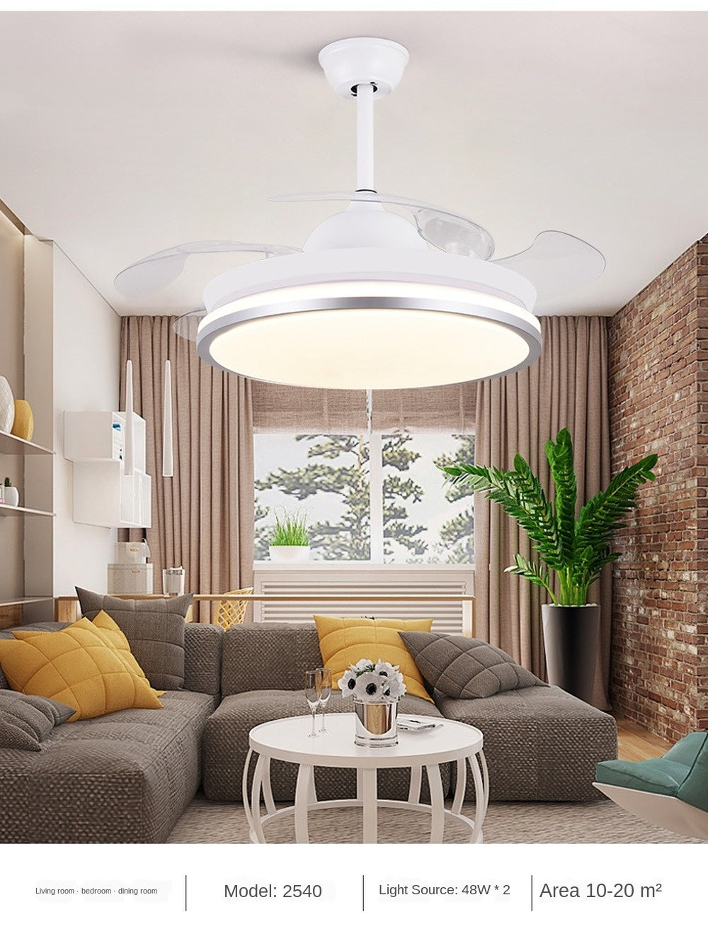 Led ceiling fan lamp with remote control circular DC frequency lamp for bedroom decoration, retractable and reversible
