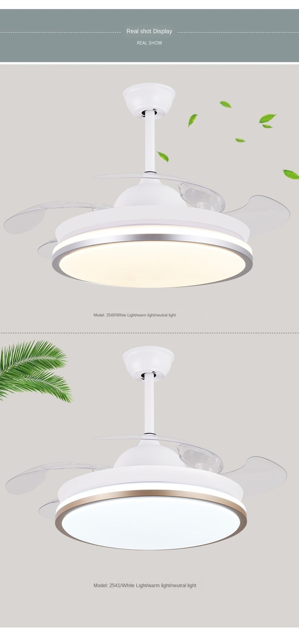 Led ceiling fan lamp with remote control circular DC frequency lamp for bedroom decoration, retractable and reversible