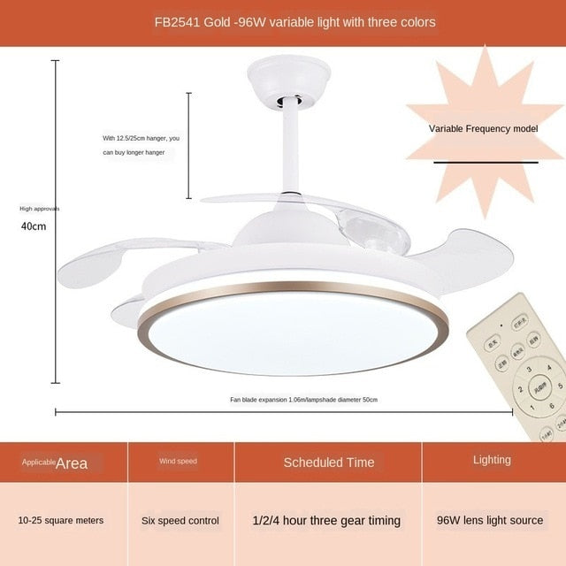 Led ceiling fan lamp with remote control circular DC frequency lamp for bedroom decoration, retractable and reversible