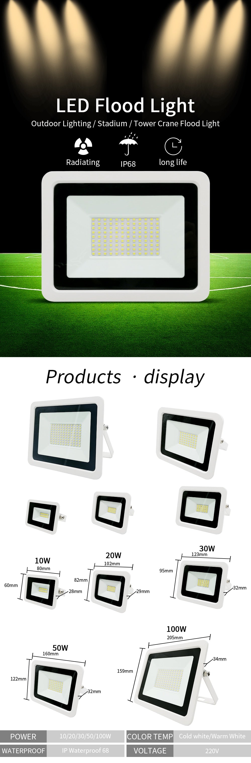 LED Flood Light 10W 20W 30W 50W 100W AC220V IP68 Waterproof Outdoor Spotlight Street Light Foco Led Exterior Wall Lamp Reflector