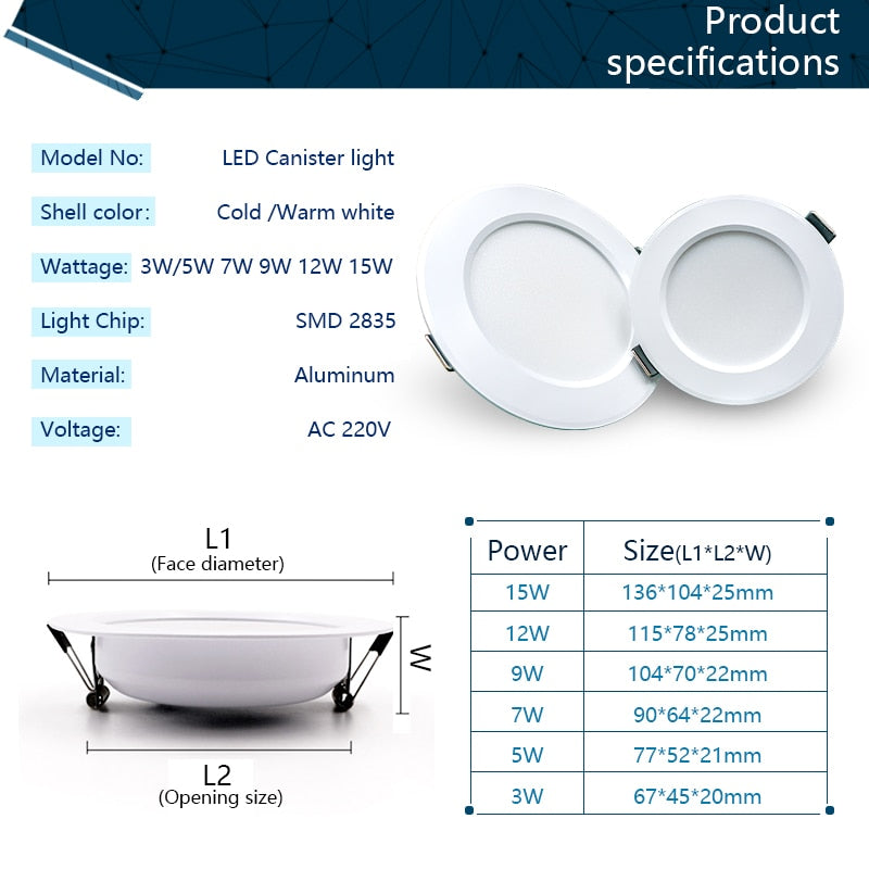 LED Downlight 3W 5W 7W 9W 12W 15W 10pcs/lot Round Recessed Lamp 220V Down Light Home Decor Bedroom Kitchen Indoor Spot Lighting
