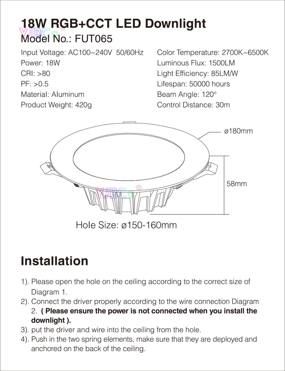 Miboxer LED Downlight 18W RGB+CCT FUT065 AC 100V-240V Round Brightness adjustable LED Ceiling Downlight