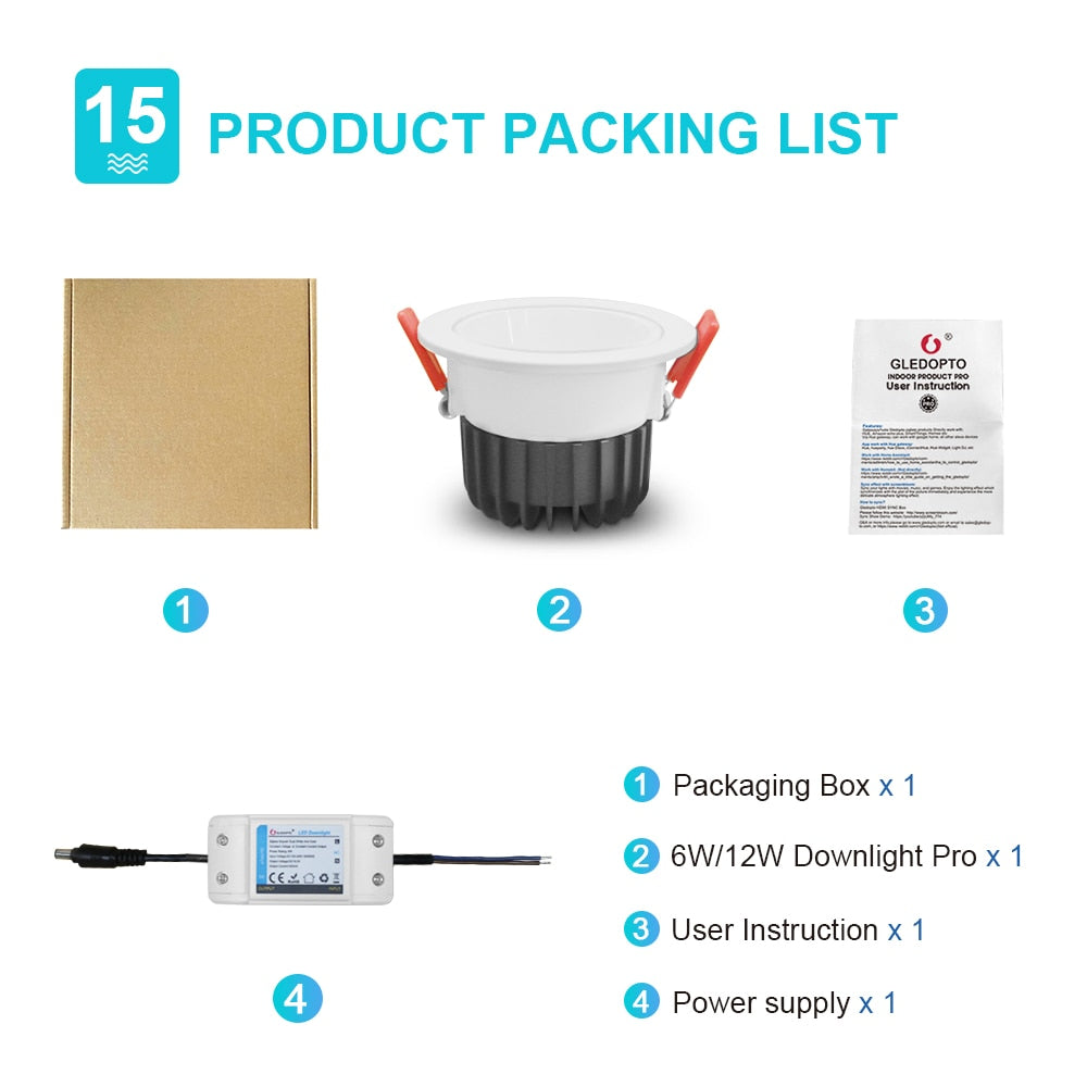 Gledopto Zigbee 3.0 Smart RGBCCT LED Downlight Pro 6W/12W Waterproof Rating IP54 Work With Tuya APP/Voice/RF Remote Control