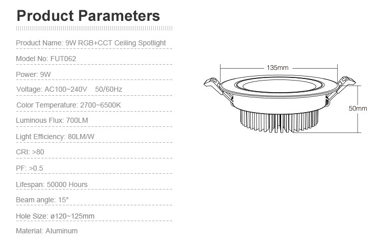 Smart LED Light Miboxer 9W RGB + CCT LED Downlight FUT068 Round AC 100V-240V WiFi Control Brightness Dimmable Angle Adjustable