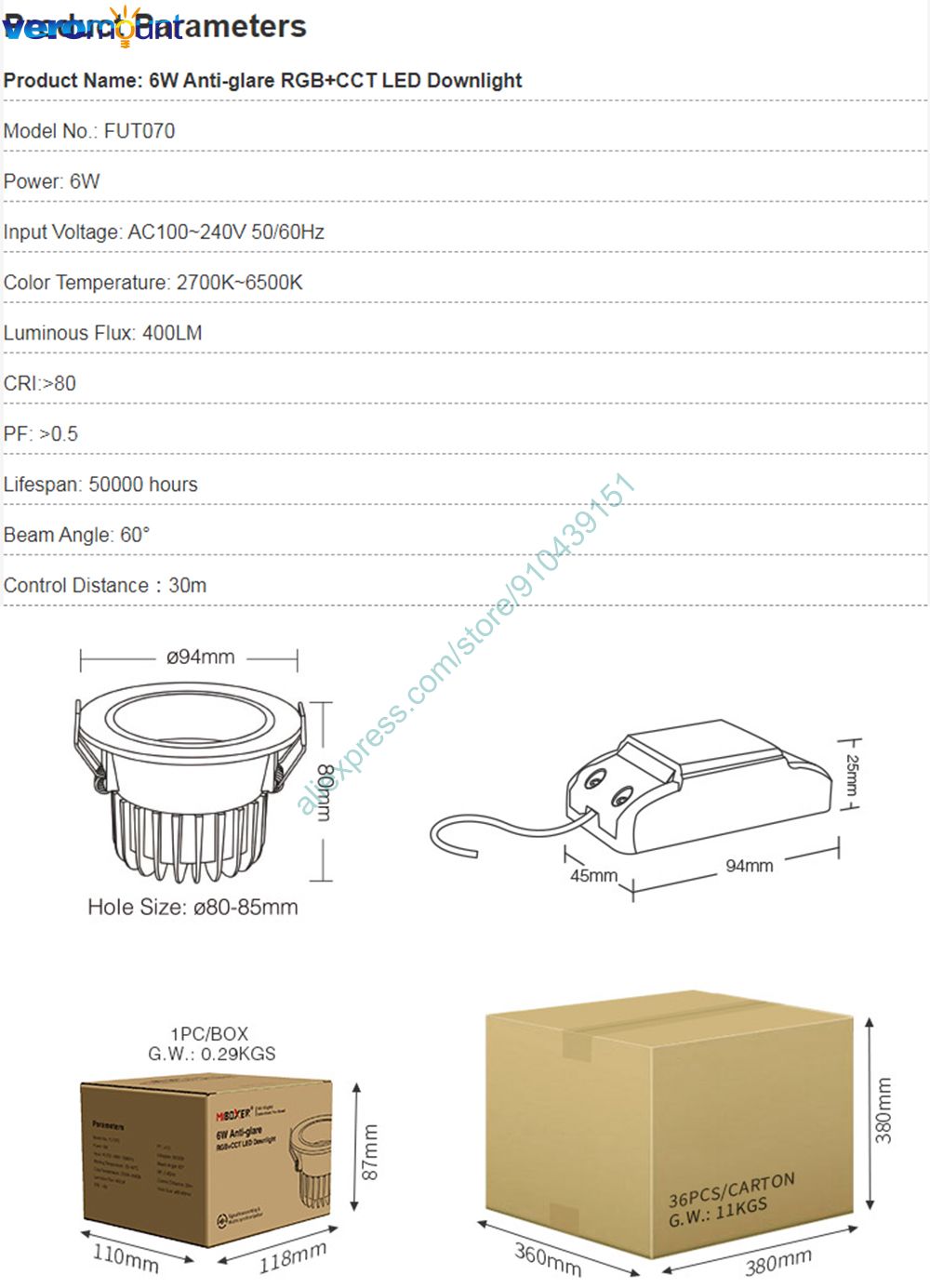 MiBoxer 6W Anti-glare RGB+CCT LED Downlight Dimmable Ceiling 110V 220V 60 Degree Angle 2.4G RF Remote WiFi Voice Control FUT070