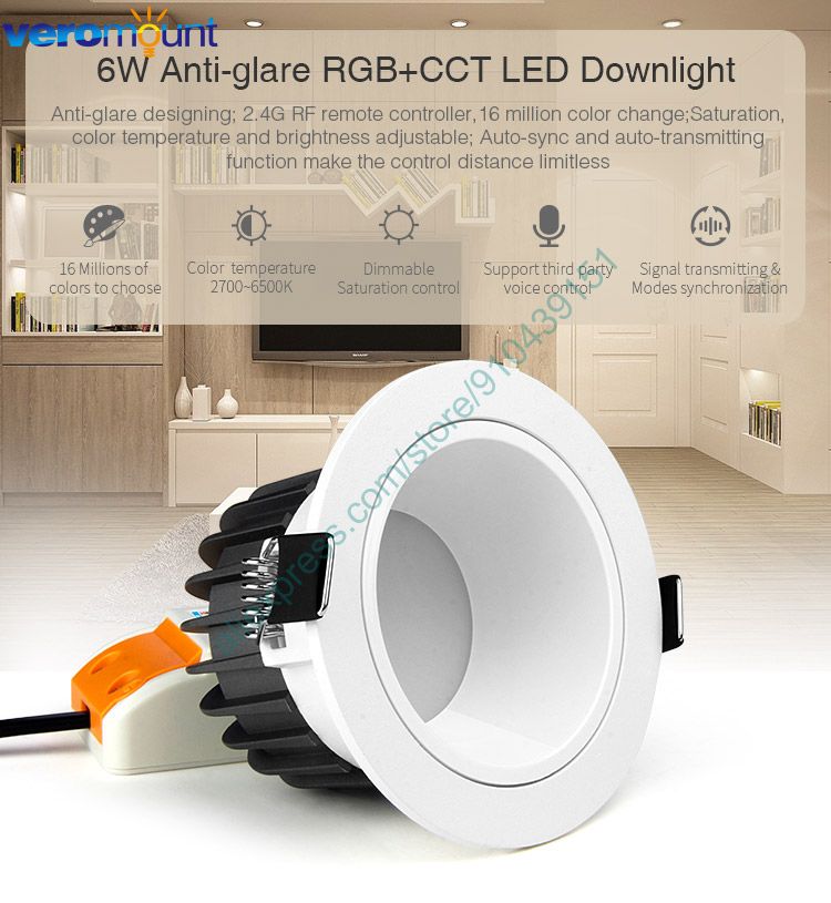 MiBoxer 6W Anti-glare RGB+CCT LED Downlight Dimmable Ceiling 110V 220V 60 Degree Angle 2.4G RF Remote WiFi Voice Control FUT070