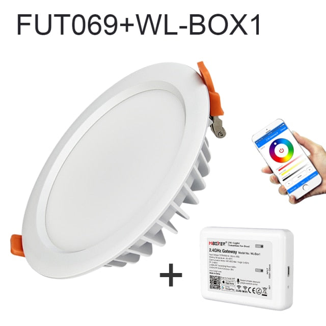 Miboxer living room 15W RGB + CCT LED downlight FUT069 round AC 100V-240V dimmable wireless wifi control LED ceiling downlight