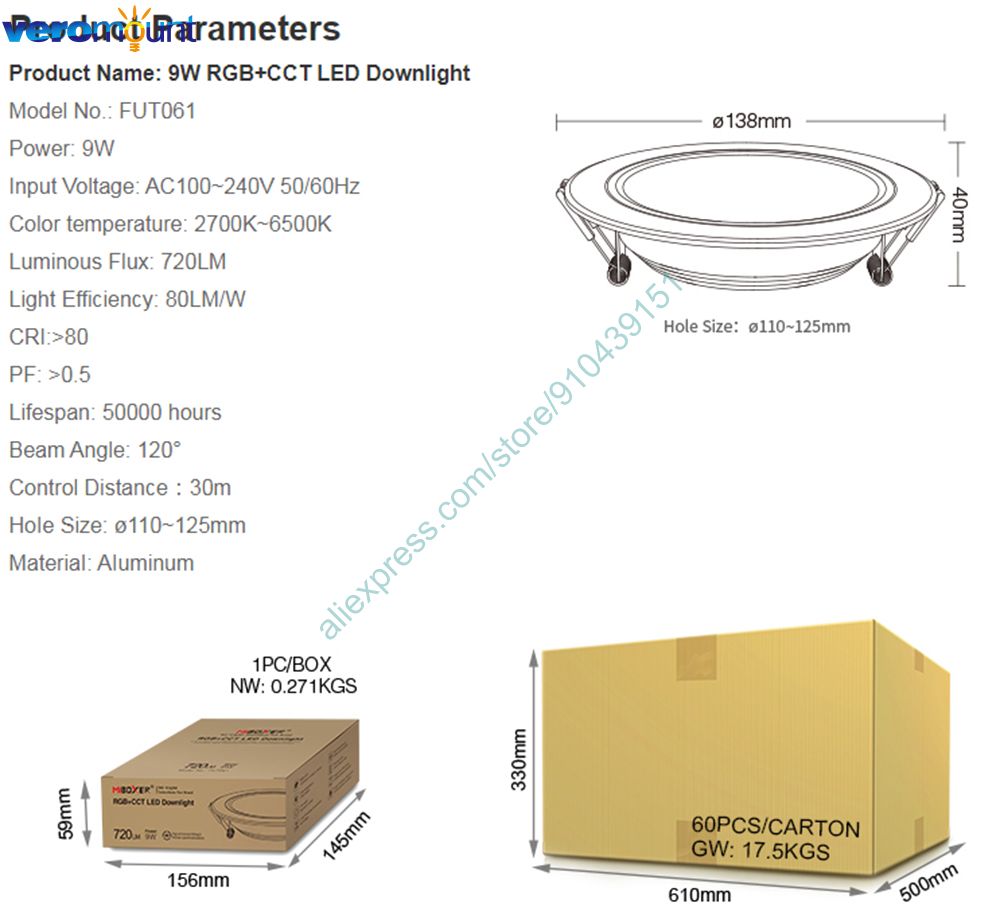 MiBoxer FUT061 9W Smart RGB+CCT LED Recessed Ceiling Downlight AC110V 220V 2700K~6500K 2.4G RF Wireless Remote WiFi APP Control