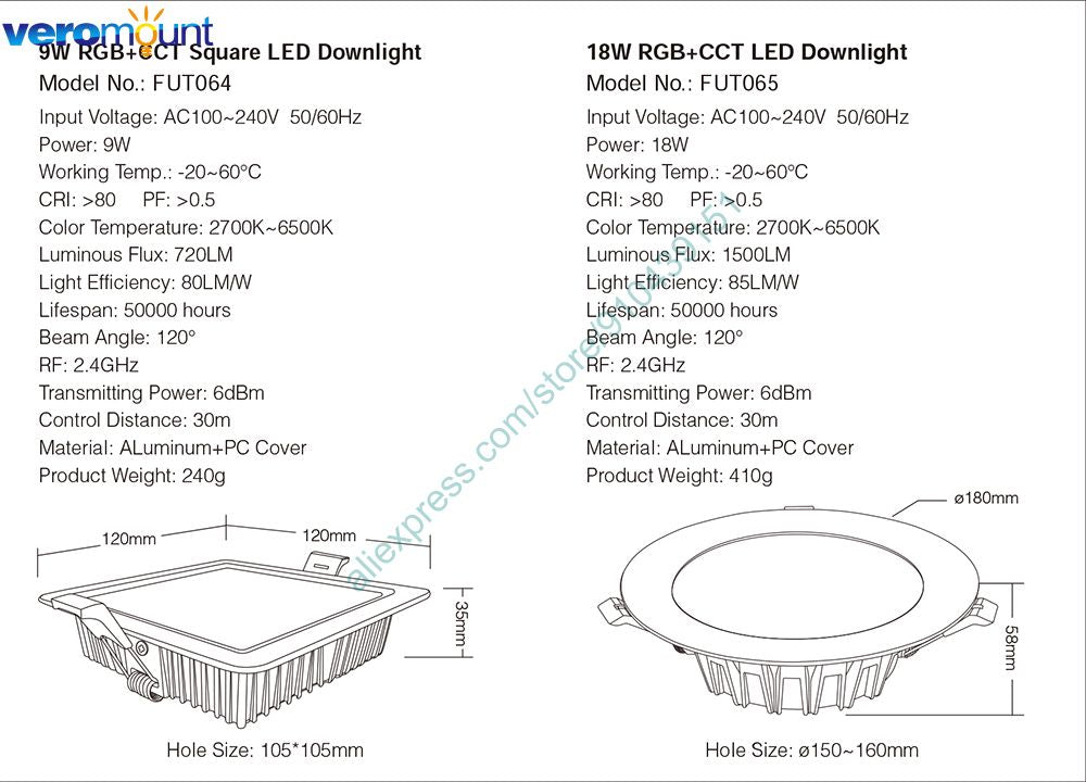 MiBoxer FUT061 9W Smart RGB+CCT LED Recessed Ceiling Downlight AC110V 220V 2700K~6500K 2.4G RF Wireless Remote WiFi APP Control