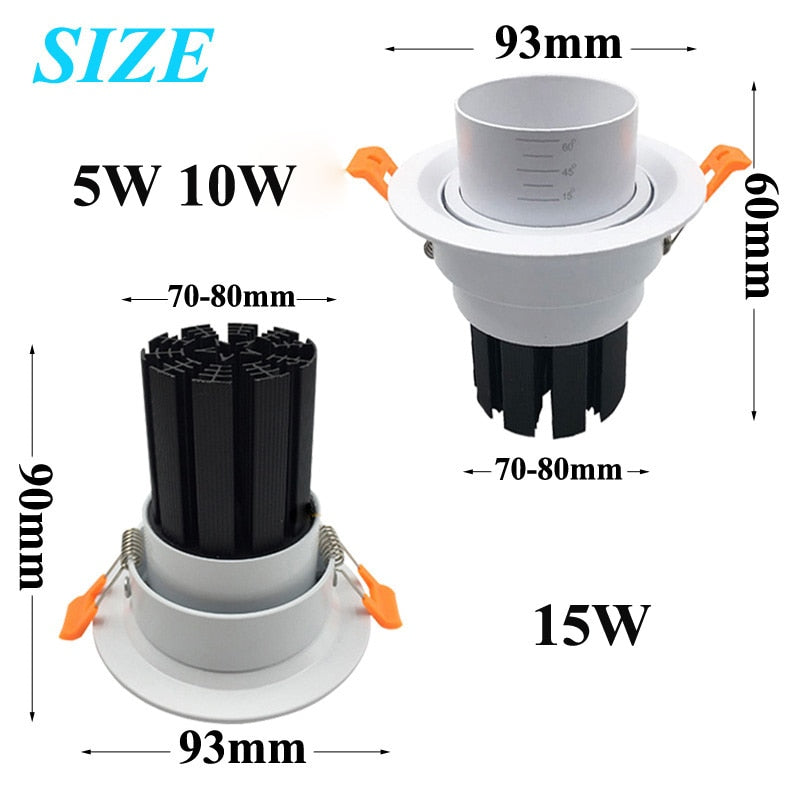 Dimmable 15/45/60 Degree Zoom Focusing 360 Degree Rotation LED COB Downlight 5W 10W 15W LED Spotlight Led Light Bulb 110V 220V