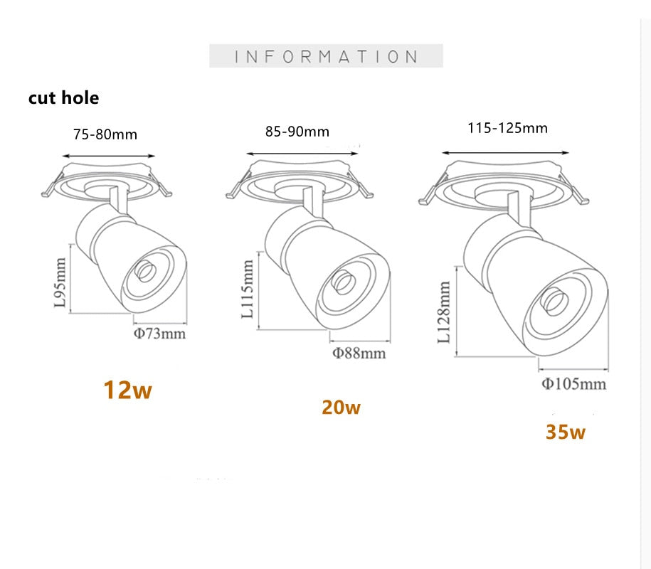 Dimmable Embedded COB Ceiling 12W 20W 35W AC85-265V Rotate 360 Degrees LED Downlight Home Lighting