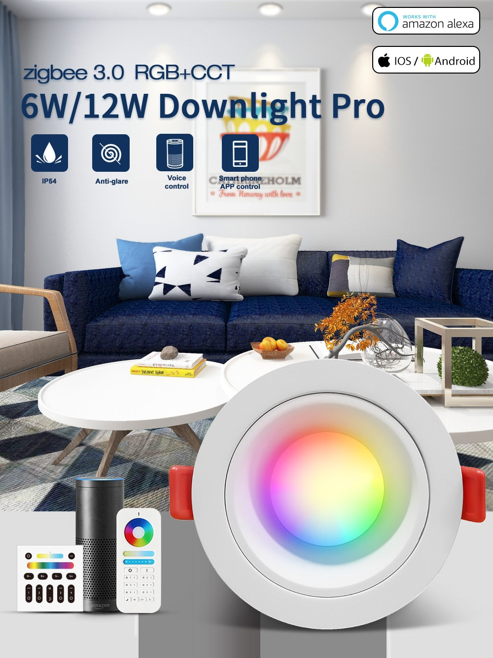 Gledopto Smart Zigbee 3.0 Dimmable LED Ceiling Downlight Suitable For Bedroom Living Room Kitchen Corridor 2200-6500K Pro 12W