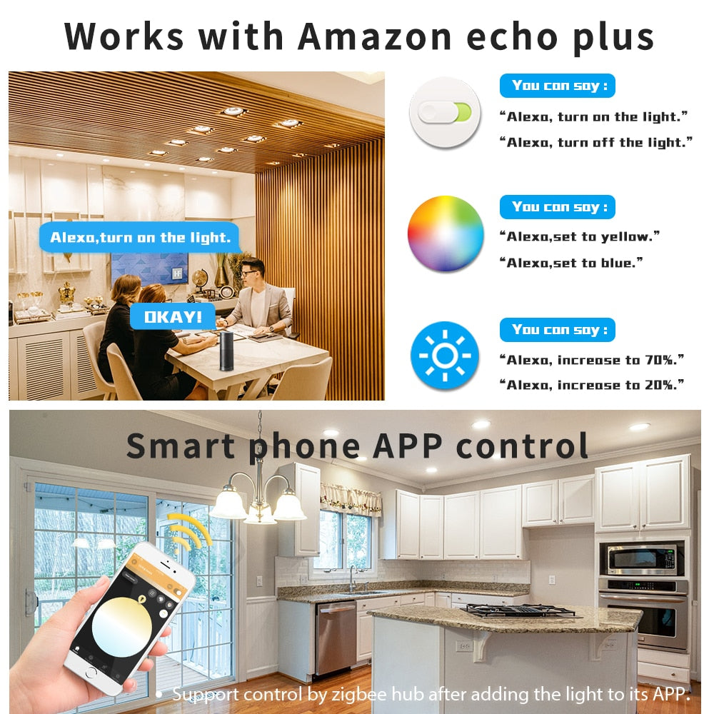 ZIGBEE Smart Home 6W/9W/12W LED Downlight Work with Alexa Echo Plus SmartThings Lights 2700~6500K Warm White Cold White