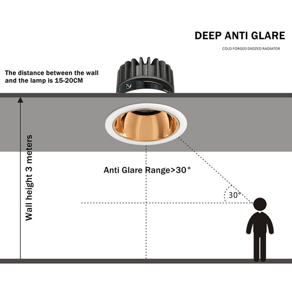 Anti-Glare Downlight7W 12W 15W Dimmable LED lamp Recessed Spotlight Warm White Natural Cool White Light AC85-265 Indoor lighting