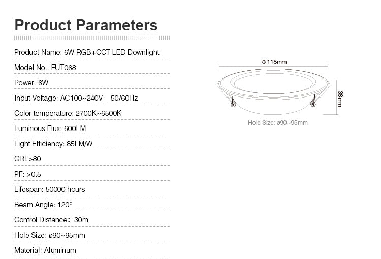 Smart LED lamp Miboxer 6W RGB + CCT LED downlight FUT068 round AC 100V-240V brightness dimmable living room bedroom downlight