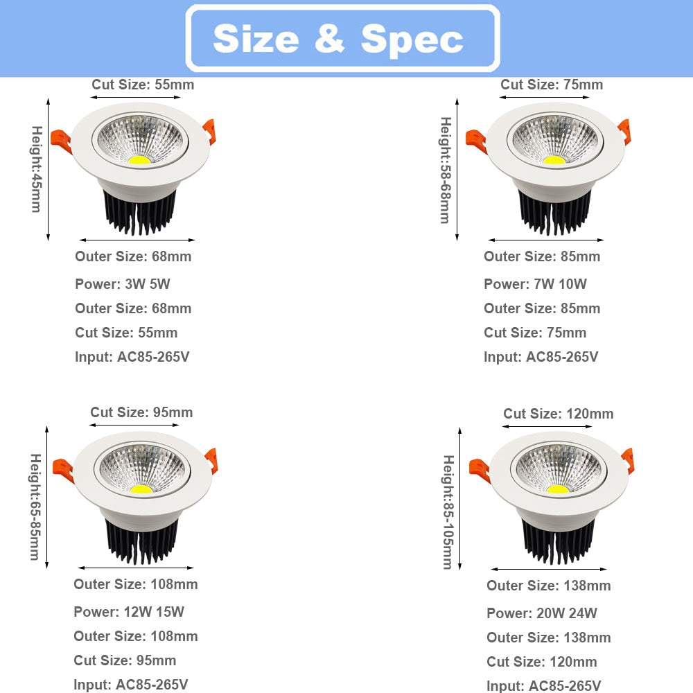 Recessed LED Downlight 3W 5W 7W 10W 12W 15W 20W 24W Spot LED DownLights Dimmable AC85-265V 220V 110V LED Spot Light