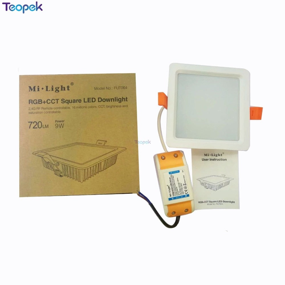 Mi.light 9W RGB+CCT Square LED Downlight FUT064 AC100~240V,FUT089 8-Zone RGB+CCT Remote Controller + WL-iBox1