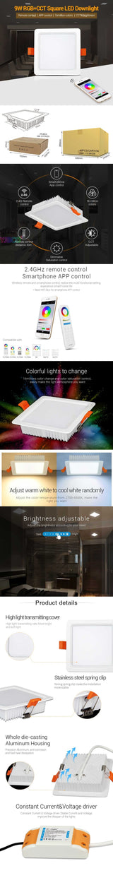 Mi.light 9W RGB+CCT Square LED Downlight FUT064 AC100~240V,FUT089 8-Zone RGB+CCT Remote Controller + WL-iBox1