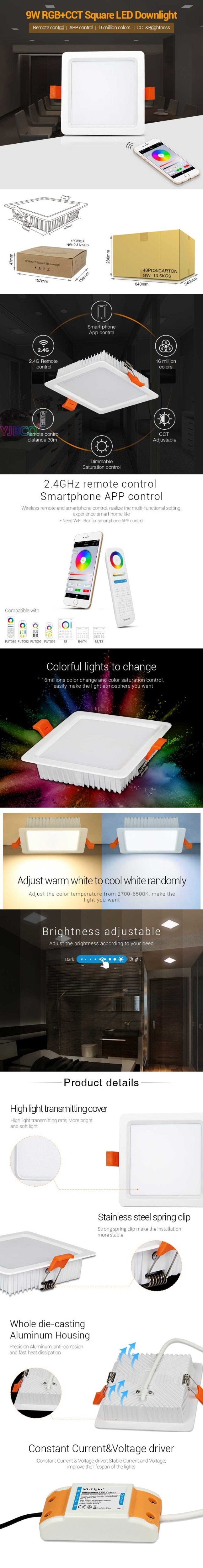 Mi.light 9W RGB+CCT Square LED Downlight FUT064 AC100~240V,FUT089 8-Zone RGB+CCT Remote Controller + WL-iBox1