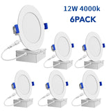 6Pcs 12W 4000K Ultra-Thin LED Recessed Ceiling Light With Junction Box, Dimmable Downlight