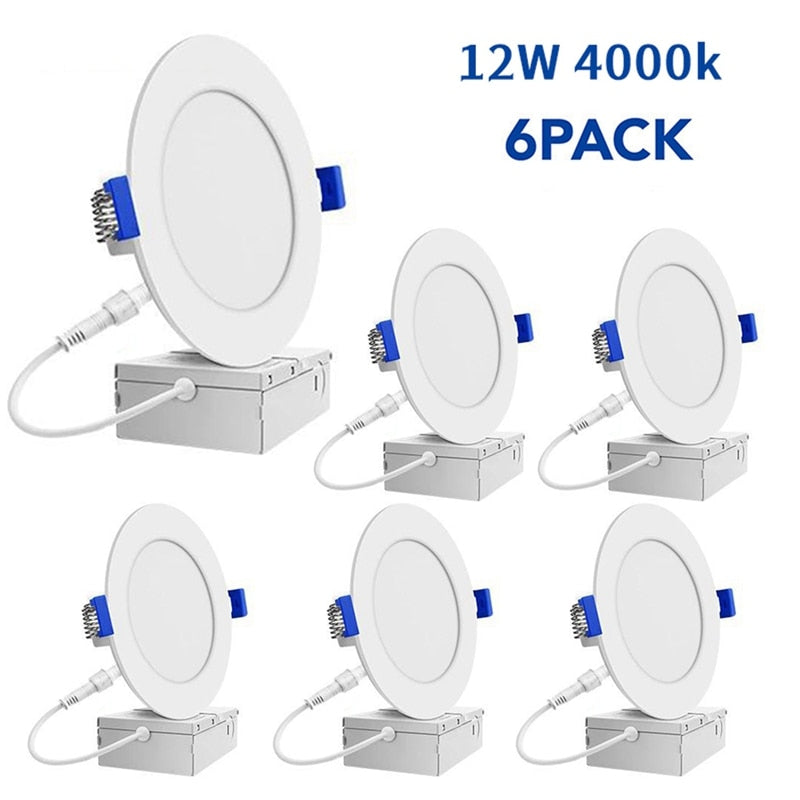 6Pcs 12W 4000K Ultra-Thin LED Recessed Ceiling Light With Junction Box, Dimmable Downlight
