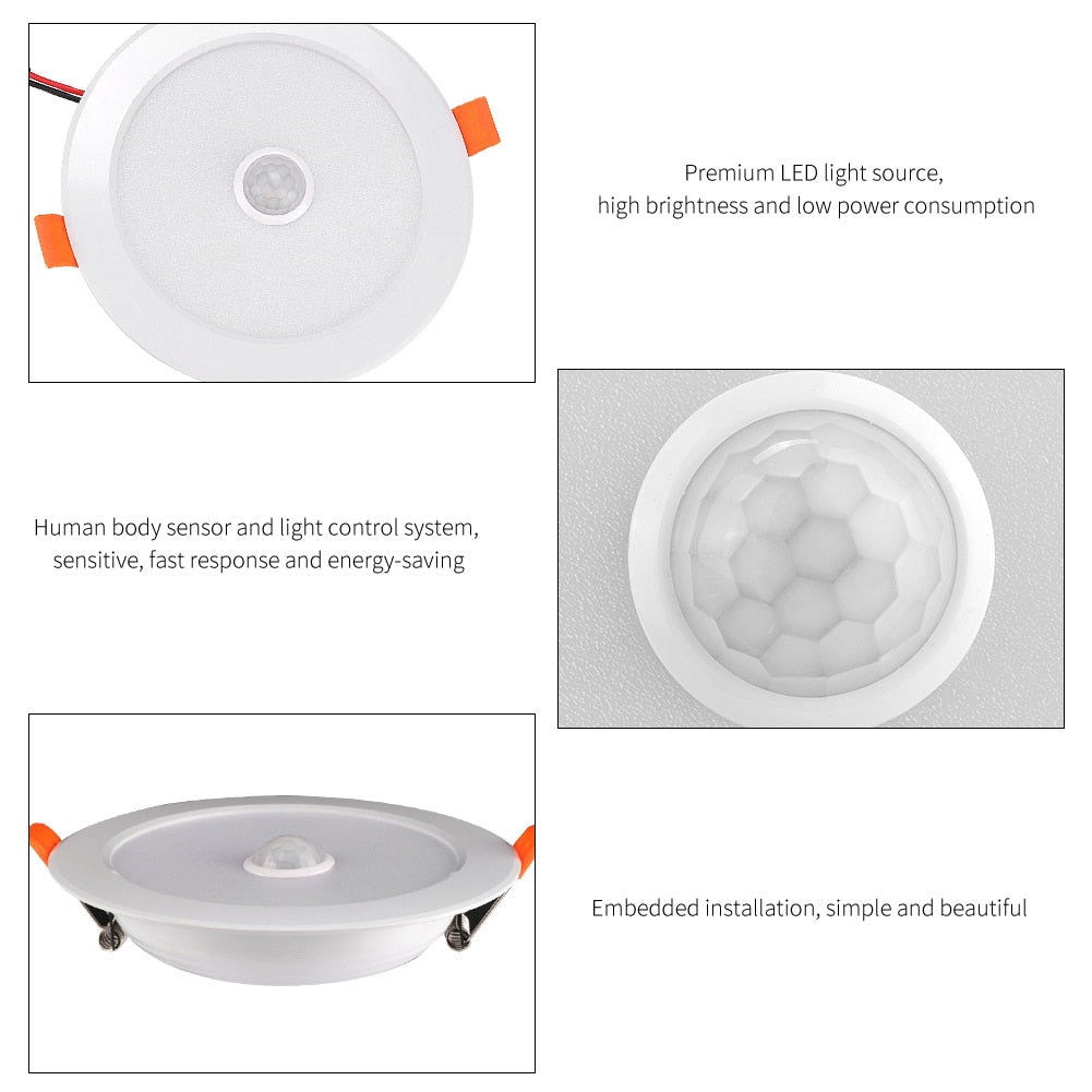 Panel Lights Human Body Sensor Downlight 12W AC85-265V LED Ceiling Light Recessed Lamp Pure White
