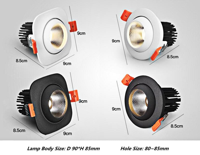 Dimmable Recessed Anti Glare COB LED Downlights 9W 12W 15W LED Ceiling Spot lights AC85~265V Background Lamps Indoor Lighting