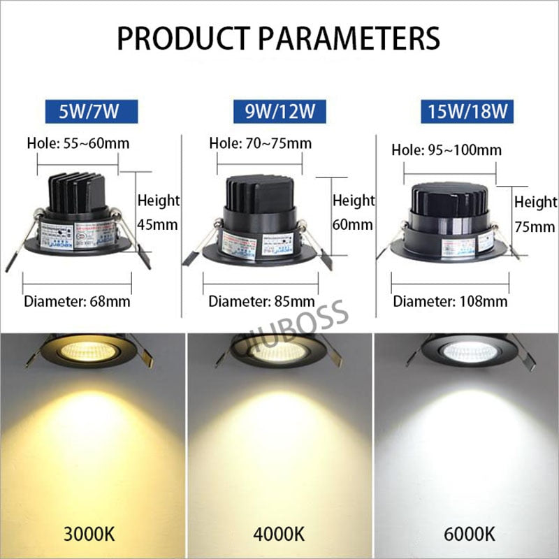 QIUBOSS Recessed LED Downlights Dimmable for Living Room 220V LED Spotlights LED Ceiling Lamps 7W 15W Lighting Light for Bedroom 3000K