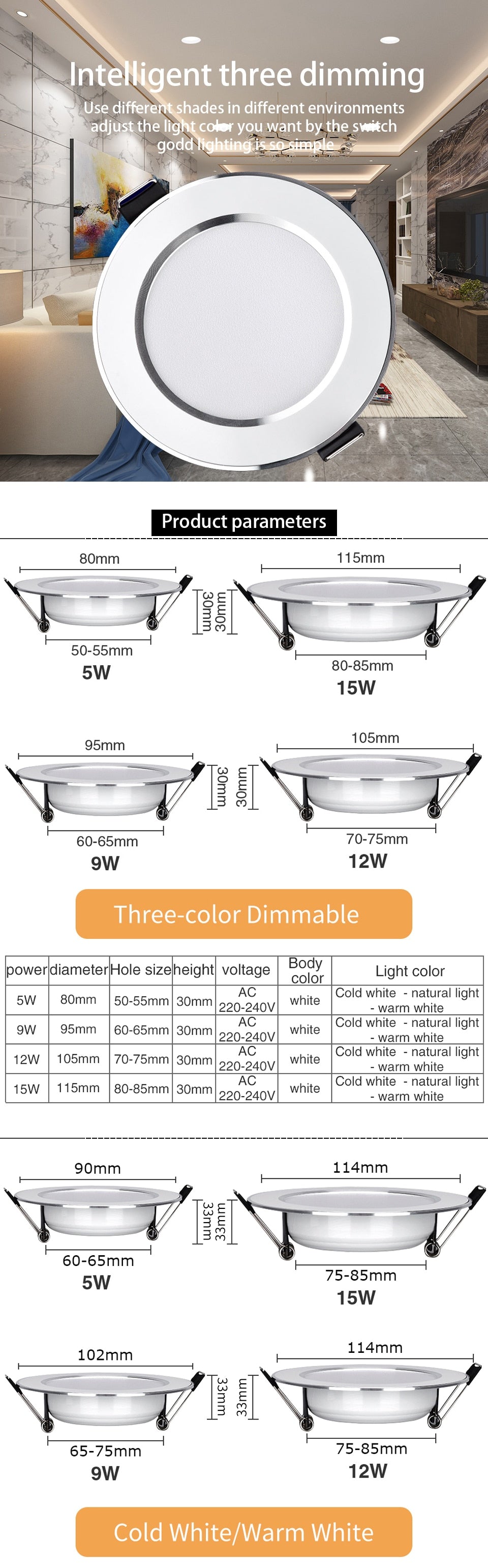 LED Downlight 5W 9W 12W 15W LED Ceiling Lights Round Recessed Lamp Dimmable Waterproof LED Spotlight For Bathroom Kitchen