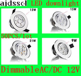 Bright Recessed LED Dimmable Downlight COB 9W 12W 15W 21W LED Spot light decoration Ceiling Lamp AC/DC12V 50PCS/lot