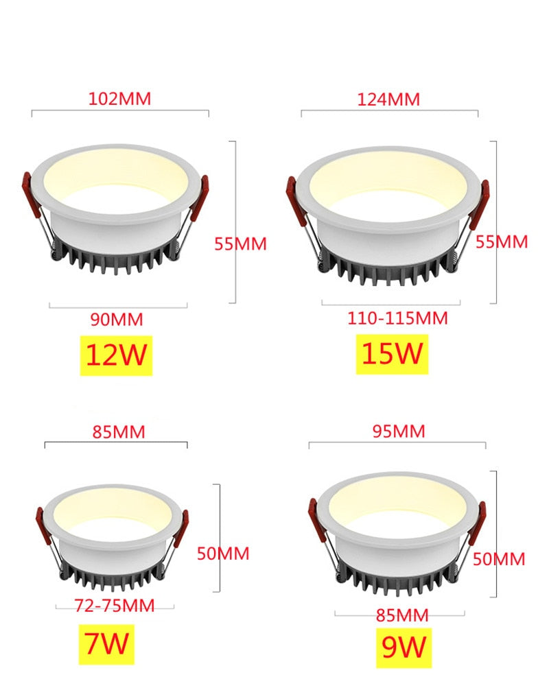 CCT Change color tempe AC85~265V embedded anti-glare LED downlight 7W/9W/12W/15W LED ceiling spotlight backlight indoor lighting