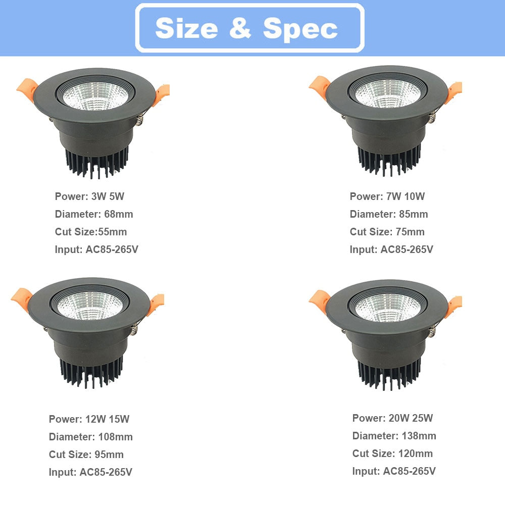 LED Recessed Downlight 3W 5W 7W 10W 12W 15W 20W 24W Spot LED DownLights Dimmable AC85-265V 220V 110V LED Spot Light
