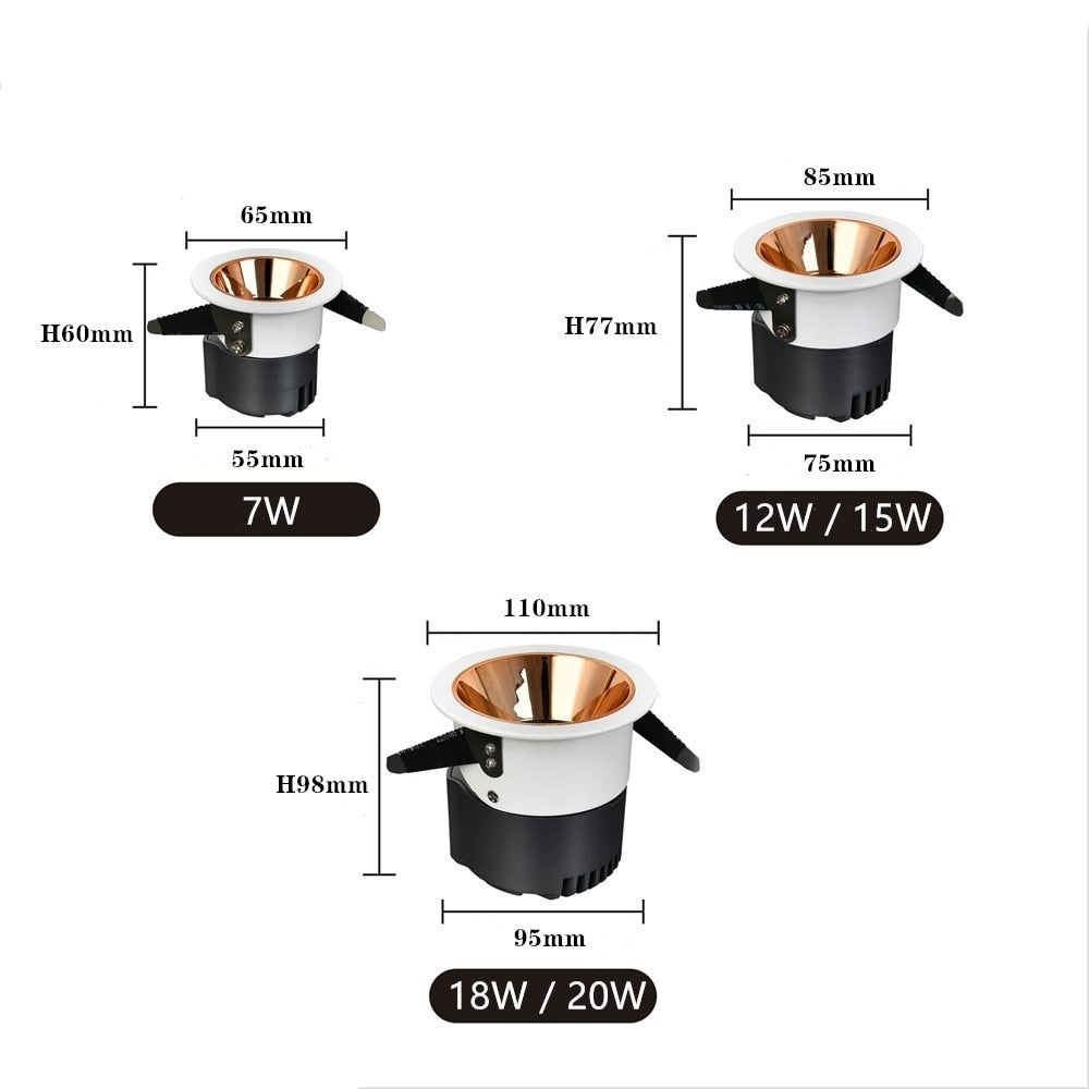 Dimmable Anti Glare Recessed LED Downlights 7W 12W LED Bulb 15W COB Ceiling Spot Lights AC90-260V Background Lamp AC220V 110V