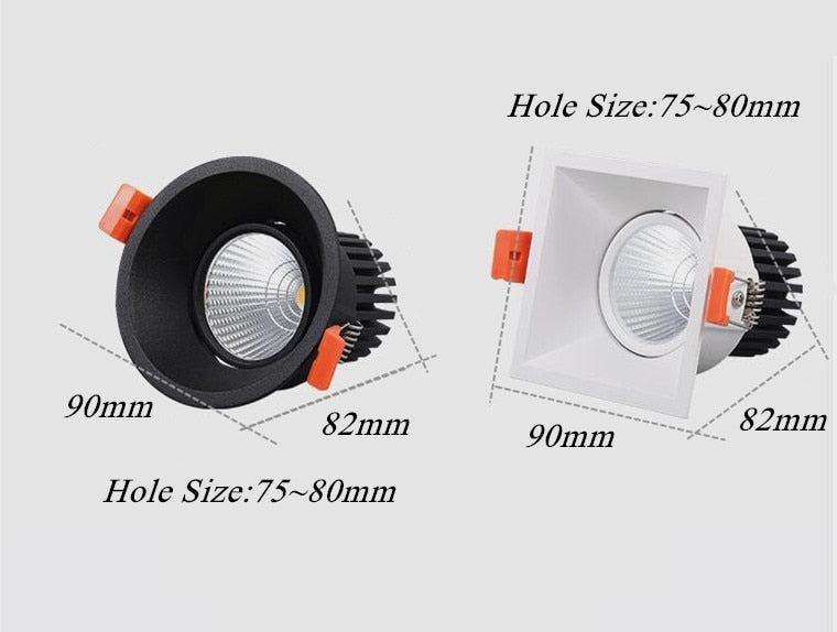 Anti Glare Recessed Dimmable COB LED Downlights 9W 12W 15W LED Ceiling Spot Lights AC85-265V LED Ceiling Lamps Indoor Lighting