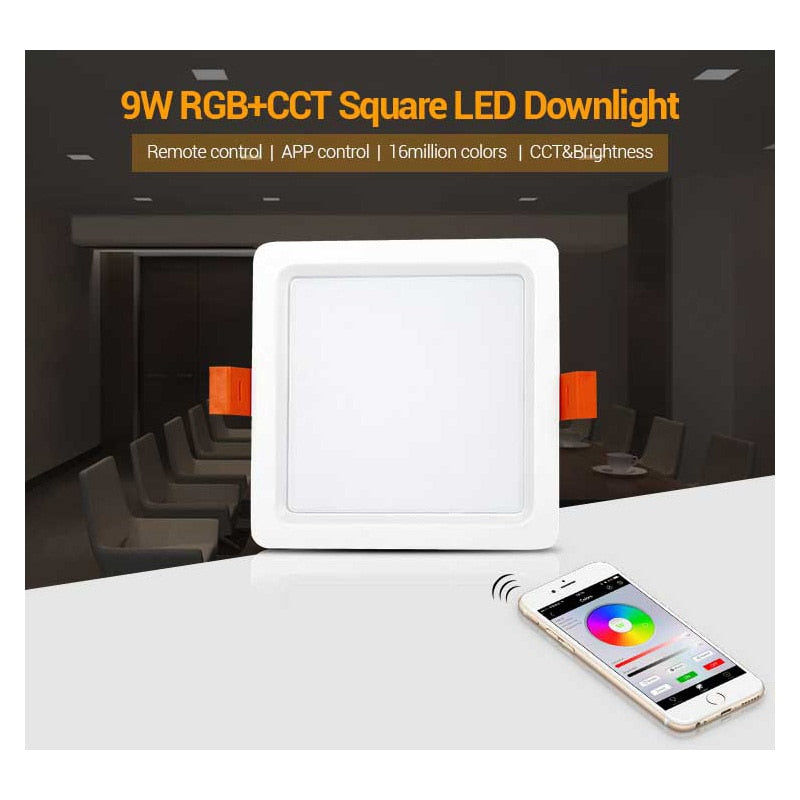  FUT064 9W RGB+CCT Square LED Downlight AC100~240V, FUT089 8-Zone RGB+CCT Remote Controller