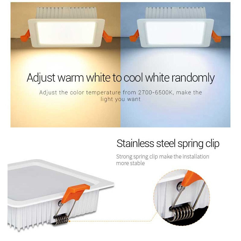  FUT064 9W RGB+CCT Square LED Downlight AC100~240V, FUT089 8-Zone RGB+CCT Remote Controller